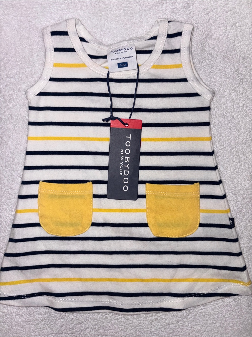 Toobydoo White, Navy & Yellow Striped Tank Dress with Yellow Pockets nwt 3/6m